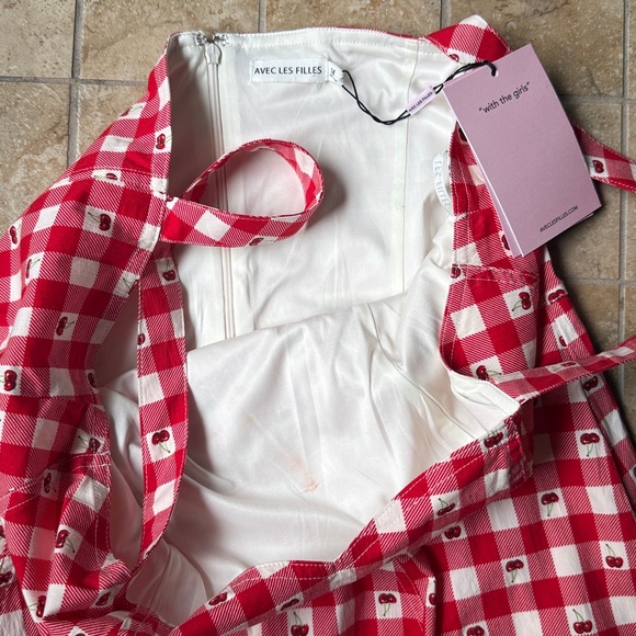 Avec Les Filles Red Gingham Cherry Pie Sweetheart Neck Fit & Flare Dress Pockets - Picture 10 of 16